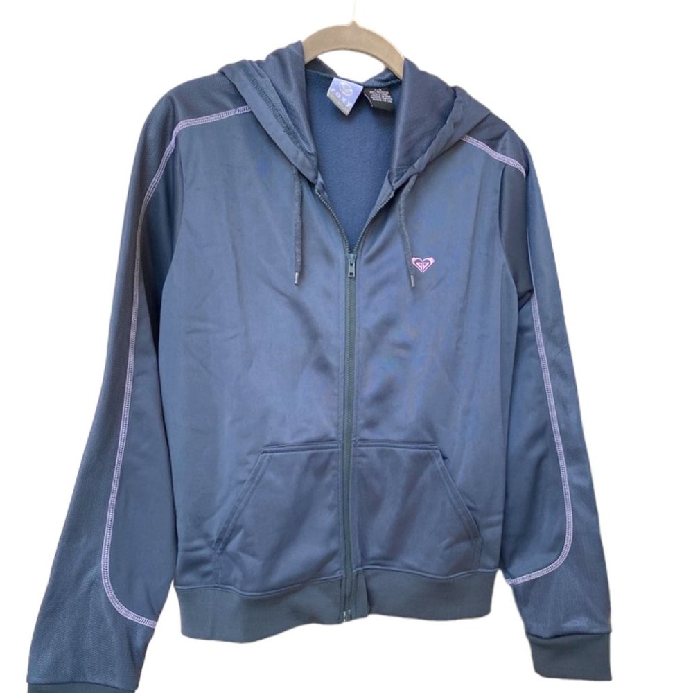 Roxy Quicksilver Grey Full Zip Tie Hoodie Pink Logo Detailing Size L #01